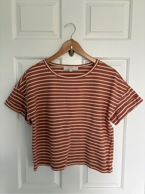 LOFT Rust and Cream Small Striped Short Sleeve Top Cotton Blend